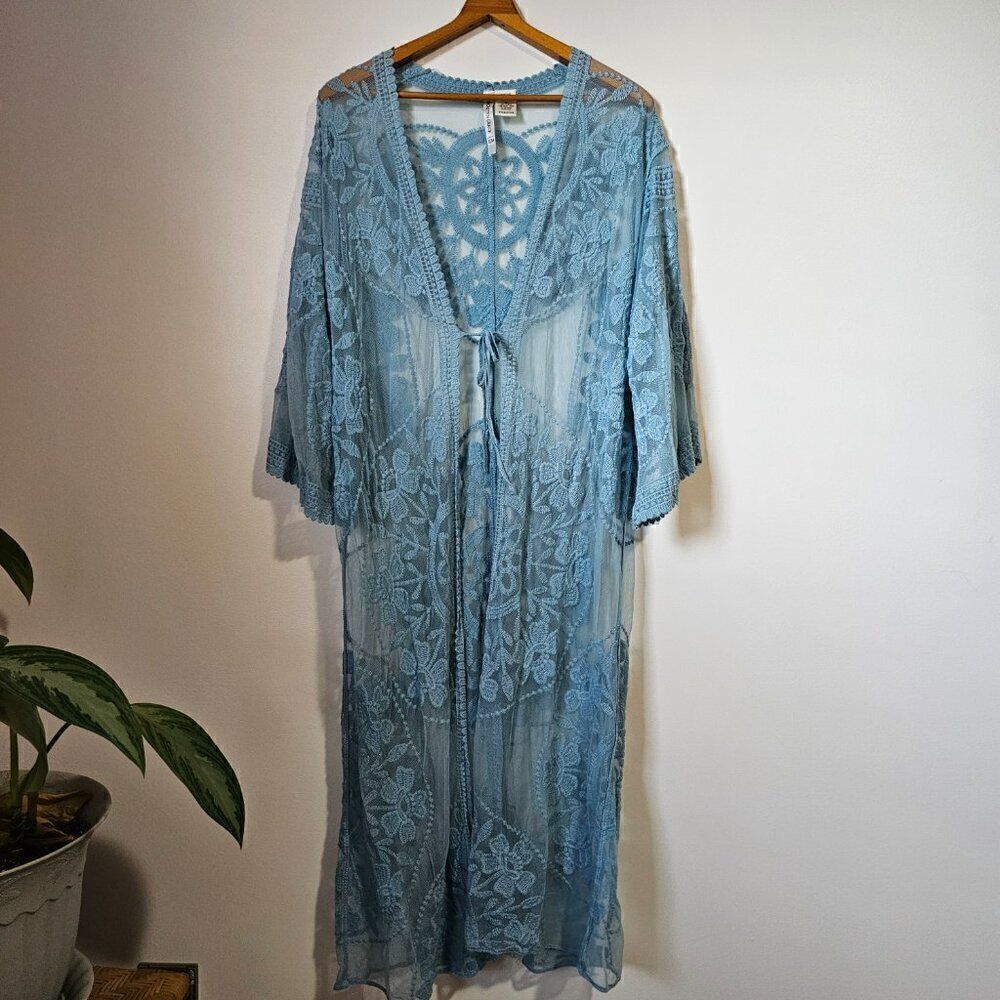 EUC FORGOTTEN GRACE LIGHT BLUE LACE/EMBROIDERED LONG DUSTER KIMONO JACKET S/M